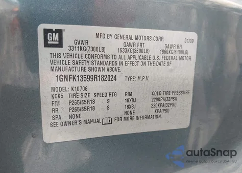 2009 Chevrolet Tahoe Hybrid from USA, damaged, VIN 1GNFK13599R182024